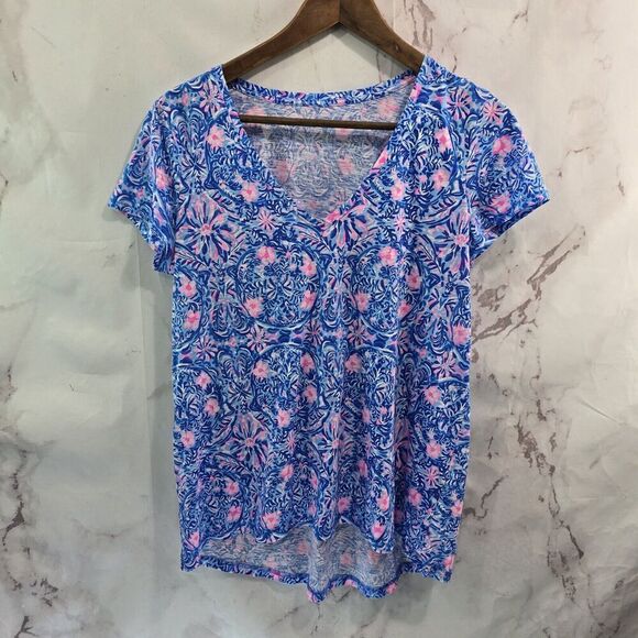 Lilly Pulitzer Shirt Womens Small Blue Pink Geometric Short Sleeve V Tee T Etta - Picture 1 of 11